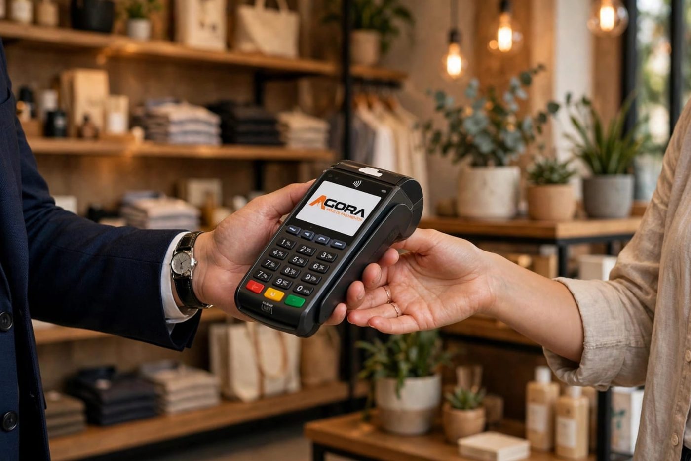 Cliente pagando com cartão na maquininha Agora dentro de uma loja
